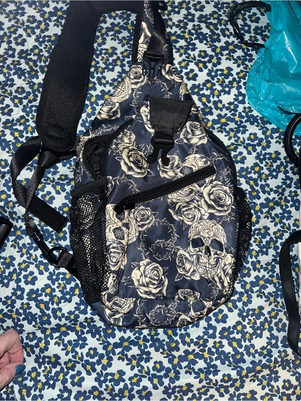 Black Sling Backpack with Skull & Rose Print